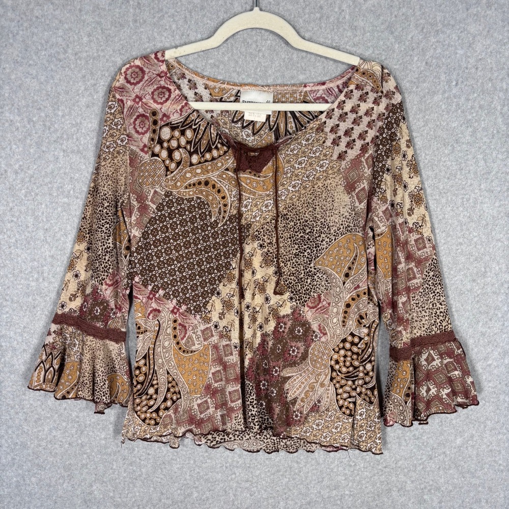 Y2K Fashion Bug Fairy Grunge Blouse Medium Brown Paisley Patchwork Lace Up Boho